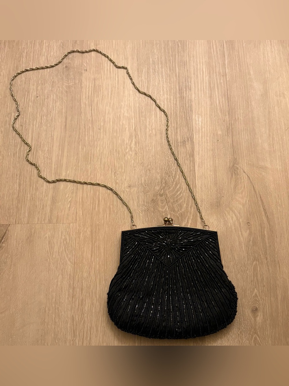 Black Beaded Evening Bag Purse Gold Chain Kiss Lock Art Deco Gatsby Formal